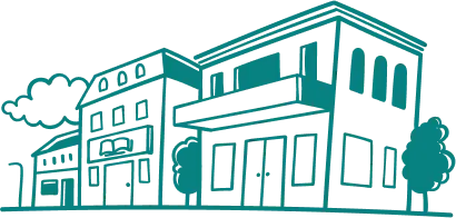 Illustration of urban buildings with trees and a streetlamp.