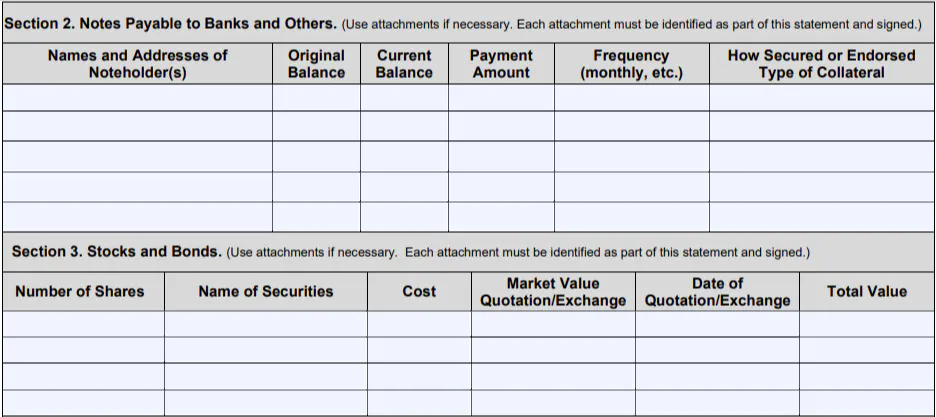 SBA Form 413 additional info section