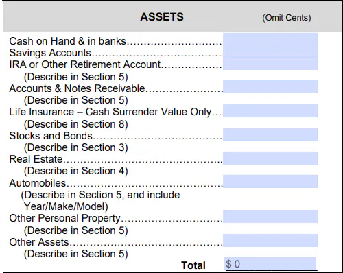 SBA Form 413 assets section